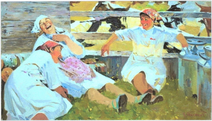 «Доярки» (1962) 69,5 x 120 см. Холст, масло. Фото предоставлено Арт фондом семьи Филатовых