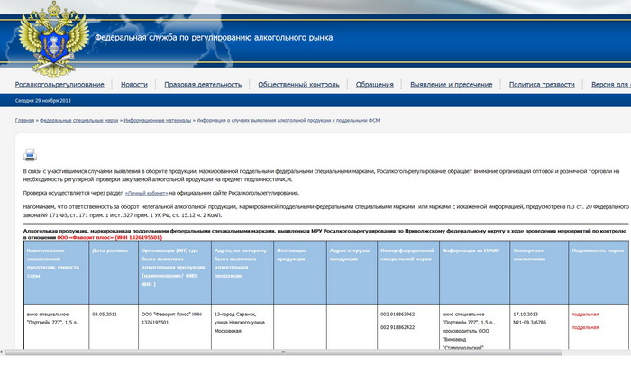Создана новая форма контроля над незаконной торговлей алкоголем. Скриншот сайта Росалкогольрегулирование
