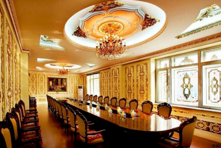 This updated photo received on September 7, 2011 shows the luxury interior decoration of the office building, containing three floors of offices and three more floors of a print museum belonging to the state-owned Harbin Pharmaceutical Group Sixth factory in Harbin, in northeast China's Heilongjiang province. The state-owned drug firm in China has caused online outrage for allegedly building offices that appear to mimic France's Versailles palace, complete with gold-tinted walls and chandeliers. CHINA OUT AFP PHOTO (Photo credit should read STR/AFP/Getty Images)