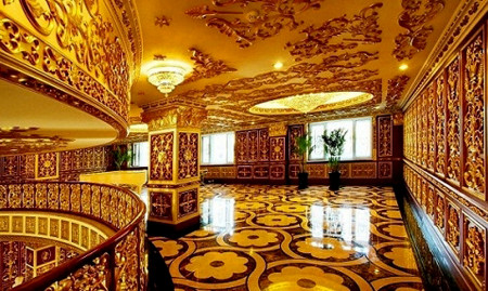 This updated photo received on September 7, 2011 shows the luxury interior decoration of the office building, containing three floors of offices and three more floors of a print museum belonging to the state-owned Harbin Pharmaceutical Group Sixth factory in Harbin, in northeast China's Heilongjiang province. The state-owned drug firm in China has caused online outrage for allegedly building offices that appear to mimic France's Versailles palace, complete with gold-tinted walls and chandeliers. CHINA OUT AFP PHOTO (Photo credit should read STR/AFP/Getty Images)