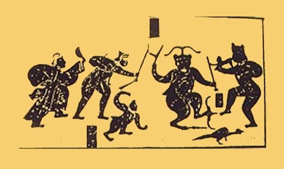 Первобытный китайский рисунок, на котором изображена битва против Чы Ю. Лидер племени — вторая справа крупная фигура на рисунке. Фото: Public Domain Первобытный китайский рисунок, на котором изображена битва против Чы Ю. Лидер племени — вторая справа крупная фигура на рисунке. Фото: Public Domain