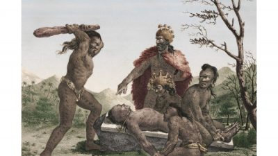 Иллюстрация ритуального человеческого жертвоприношения в традиционной гавайской культуре, задокументированная французским исследователем и художником Жаком Араго в 1819 году (Жак Араго, «Promenade Autour Du Monde», 1822).