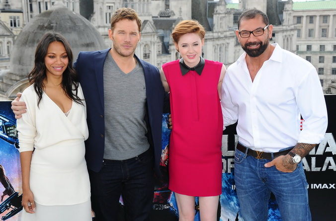 «Стражи Галактики». Актёры Зои Салдана, Крис Пратт, Карен Гиллан и Дэйв Батиста на фотосессии фильма «Стражи Галактики» в Лондоне. Фото:  Stuart C. Wilson/Getty Images | Epoch Times Россия