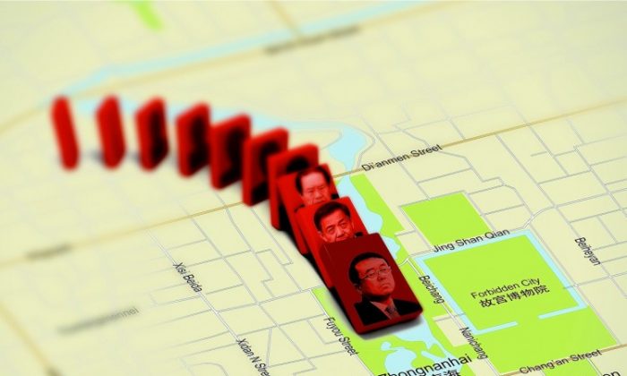 Попытка дезертирства бывшего начальника полиции Чунцина Ван Лицзюня (первое домино) запустила цепь событий, разоблачающих и разжигающих внутренние раздоры коммунистической партии, которые в настоящее время достигли апогея. Некогда могущественный Бо Силай (второе домино) обвиняется в уголовном преступлении, а человек, которому Бо должен был добиться успеха в качестве могущественного царя внутренней безопасности, Чжоу Юнкан (третье домино), лишился реальной власти. (Бо и Ван - Фэн Ли / Getty Images; Чжоу - Лю Цзинь / AFP / Getty Images; графика Вадима Берестецкого / Epoch Times) | Epoch Times Россия