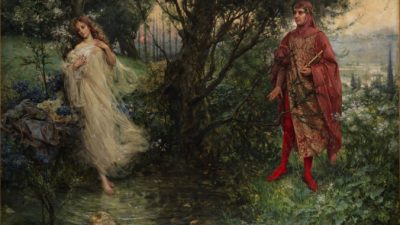 «Данте и Беатриче», 1906 год, Сальваторе Постильоне. Беатриче ведёт Данте через небеса, объясняя, что сотворённые Богом и изгнанные на Землю жаждут вернуться на небо. (Всеобщее достояние)