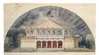 Садовый бальный зал: возвышение, план и сечение, 1846 год, Генри Гийо де Жуйи, карандаш, чернила и акварель; 17 дюймов на 151/4 дюйма. (Любезно предоставлено Питером Мэем)