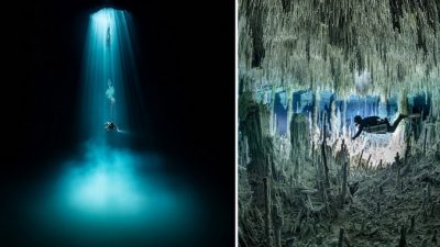 Ныряльщик исследует подводные пещеры в Мексике