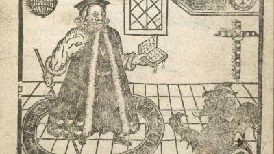 «Трагическая история доктора Фауста» Кристофера Марло 1620 года с ксилографической иллюстрацией доктора Фауста и дьявола, поднимающегося через люк.