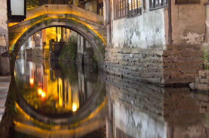 исторический мост в водном городе Чжоучжуан, Китай