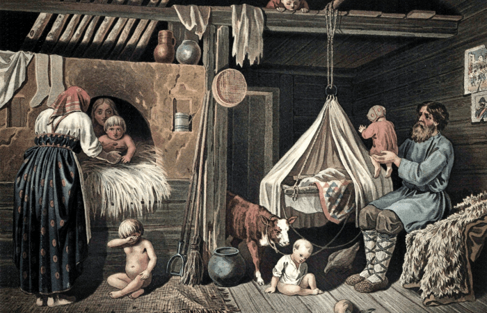 Егор Покровский «Крестьянские дети зимой в избе», 1884 год / общественное достояние