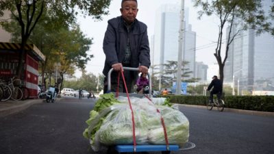 Мужчина перевозит капусту на тележке после того, как купил её в уличном ларьке в Пекине, Китай, 4 ноября 2021 г. REUTERS/Thomas Peter