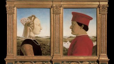 Портрет Баттисты Сфорца и Федерико да Монтефельтро, около 1473–1475 годов, работы Пьеро делла Франческа. Масло по дереву; 48 см на 33 см на панель. Галерея Уффици. (Всеобщее достояние).