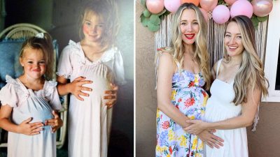 Две сестры воссоздали восхитительную фотографию из своего детства, когда они играли в «беременных»