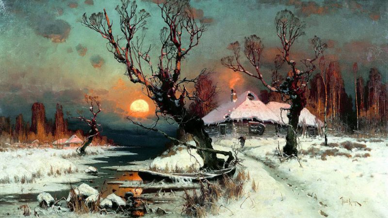 Волшебная зима на картинах Юлия Клевера «Закат солнца зимой», 1897 год. Юлий Клевер / Public Domain