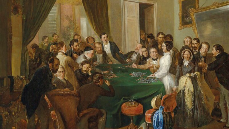 Картина сцены вечеринки из «Травиаты» 1866 года, приписываемая немецкому художнику Карлу д'Ункеру. (Всеобщее достояние) 