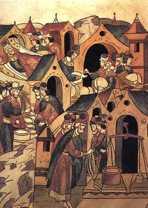 Новгородский торг. Старинная миниатюра. Новогородцы торговали со всей Европой мехами, лесом, пенькой, рыбой, медом, воском.  Фото: ‘Детская энциклопедия’